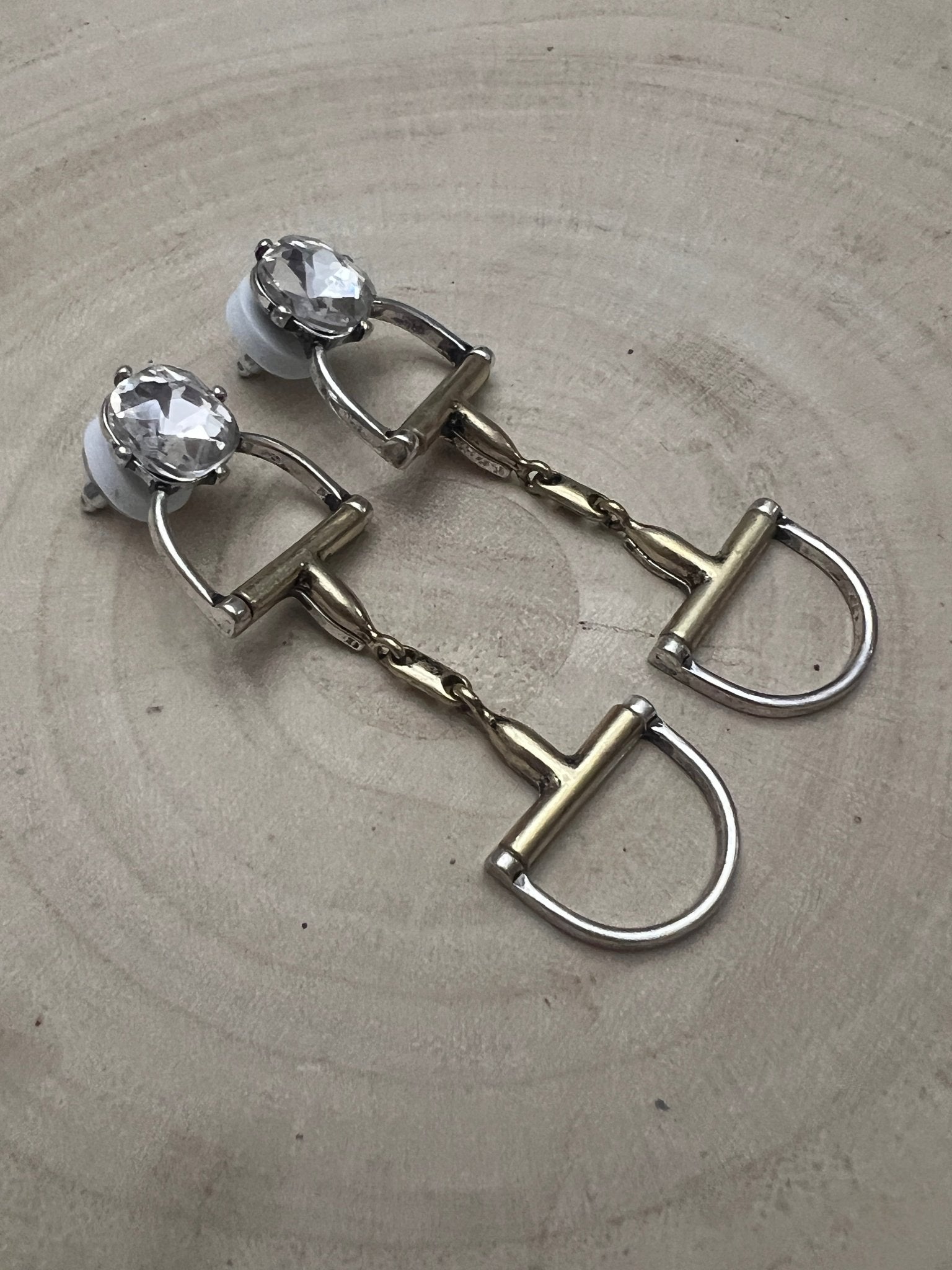 Large Western Horse Bit & Rhinestone Two Tone Earrings — 3" Statement Drop - Cowhide and Conchos