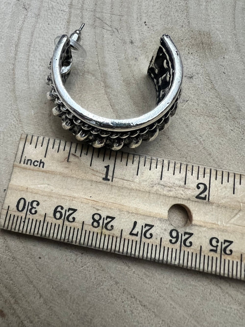 Large Western Twisted Wire Fashion Silver Hoop Earring - Cowhide and Conchos