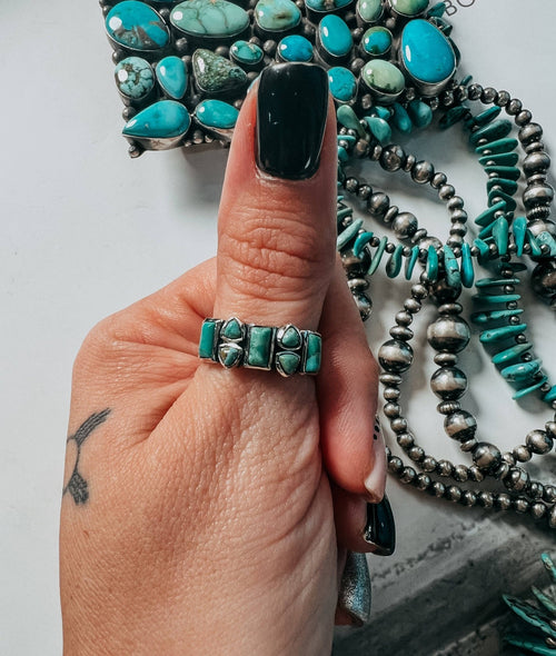 Lasso Luxe Ring with Kingman Turquoise - Cowhide and Conchos