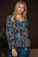 Leaf Printed Long Sleeve Blouse - Cowhide and Conchos
