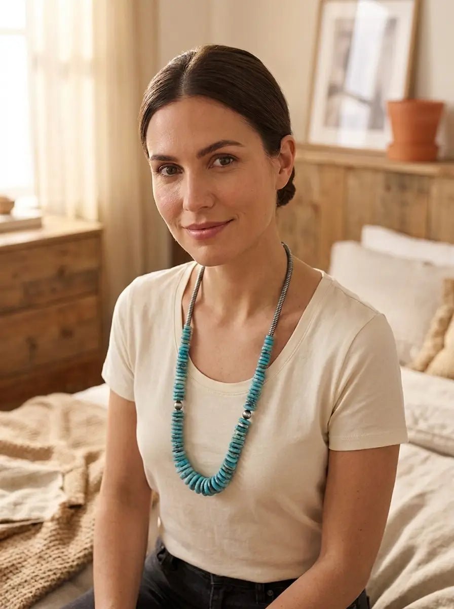 Light Blue Turquoise Graduated Necklace with 8mm Sterling Pearl & Hematite — 23 inch - Cowhide and Conchos