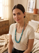 Light Blue Turquoise Graduated Necklace with 8mm Sterling Pearl & Hematite — 23 inch - Cowhide and Conchos