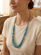 Light Blue Turquoise Graduated Necklace with 8mm Sterling Pearl & Hematite — 23 inch - Cowhide and Conchos
