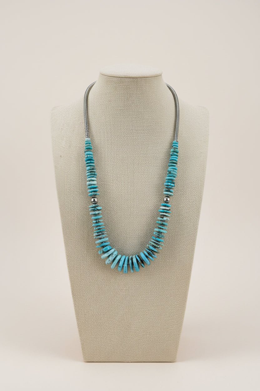 Light Blue Turquoise Graduated Necklace with Sterling Silver Pearls & Hematite – 23 inch - Cowhide and Conchos