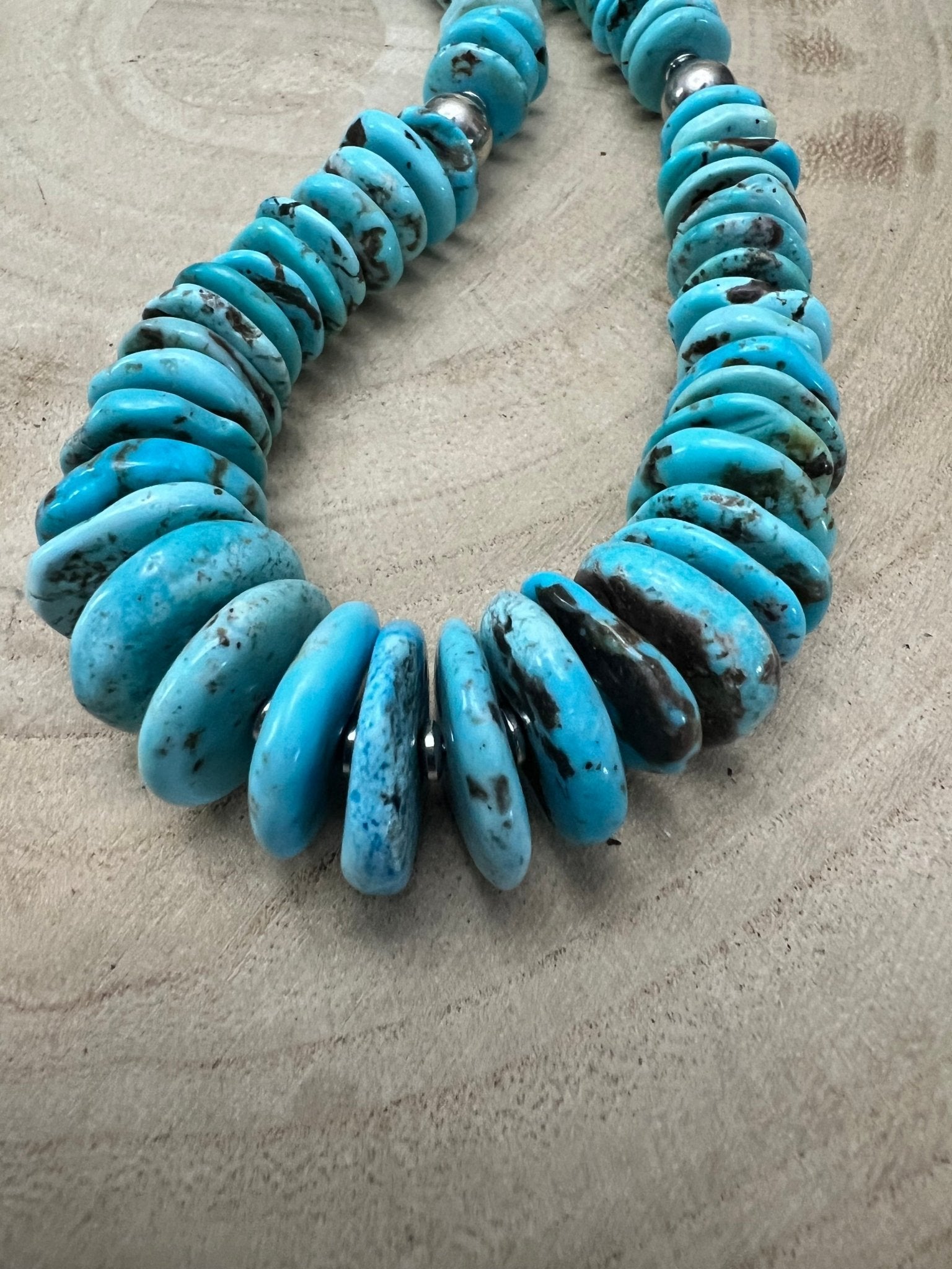 Light Blue Turquoise Graduated Necklace with Sterling Silver Pearls & Hematite – 23 inch - Cowhide and Conchos
