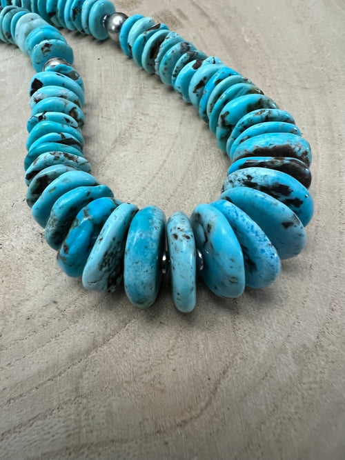 Light Blue Turquoise Graduated Necklace with Sterling Silver Pearls & Hematite – 23 inch - Cowhide and Conchos