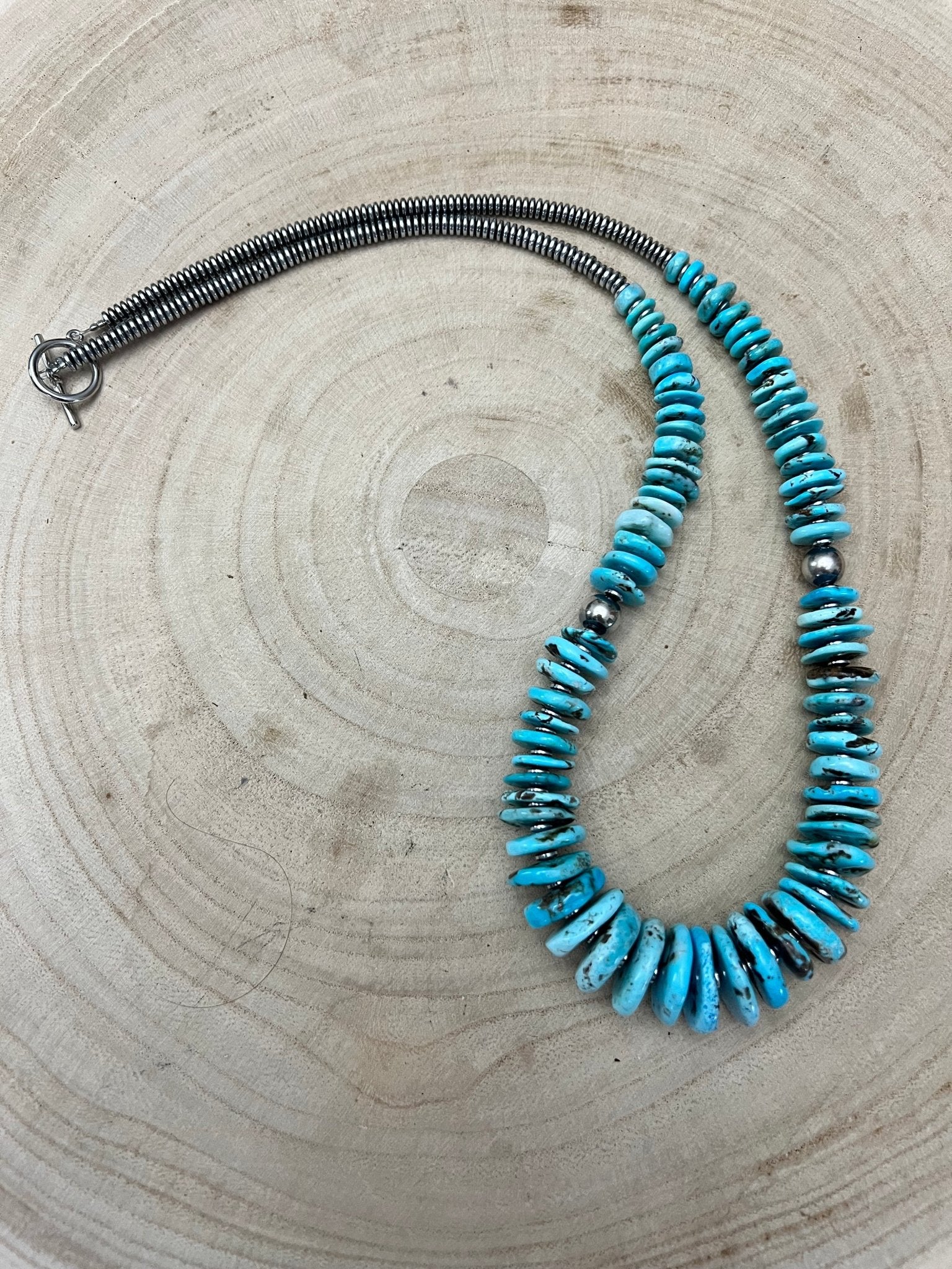 Light Blue Turquoise Graduated Necklace with Sterling Silver Pearls & Hematite – 23 inch - Cowhide and Conchos