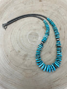 Light Blue Turquoise Graduated Necklace with Sterling Silver Pearls & Hematite – 23 inch - Cowhide and Conchos