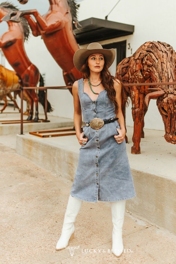 Light Wash Stretch Denim Strap Button Down Dress - Cowhide and Conchos