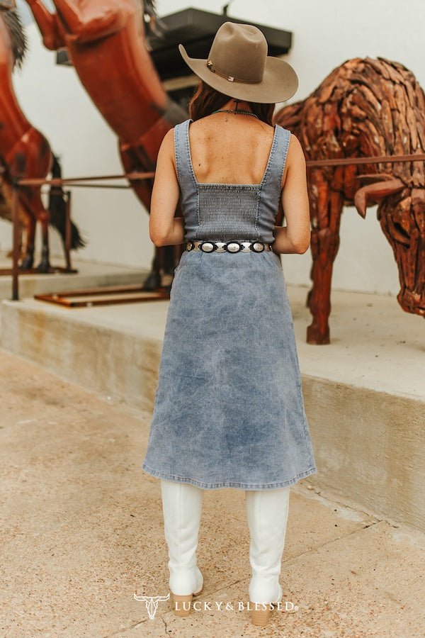 Light Wash Stretch Denim Strap Button Down Dress - Cowhide and Conchos