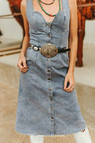 Light Wash Stretch Denim Strap Button Down Dress - Cowhide and Conchos