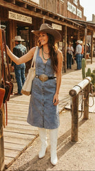 Light Wash Western Stretch Denim Button - Down Maxi Dress - Cowhide and Conchos