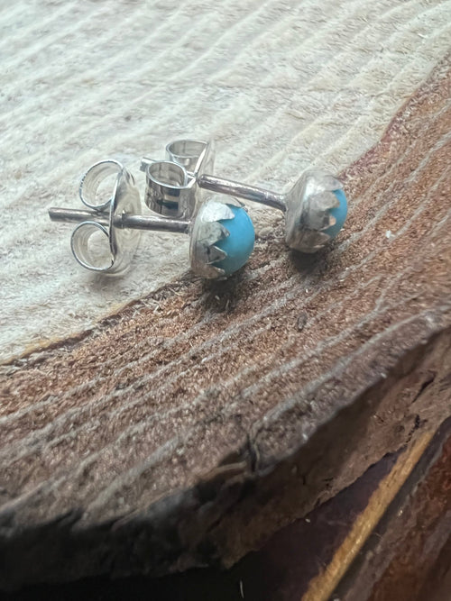 Linda Yazzie Petite Sterling Turquoise Post Earrings - Cowhide and Conchos
