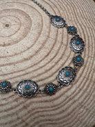 Linked Concho and Faux Turquoise Necklace - 18 inch + 3 - Cowhide and Conchos