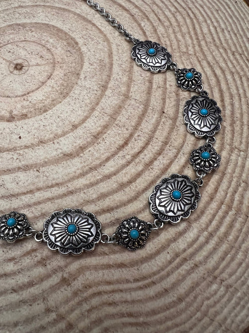 Linked Concho and Faux Turquoise Necklace - 18 inch + 3 - Cowhide and Conchos