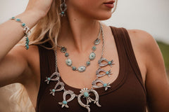 Linked Concho and Faux Turquoise Necklace - 18 inch + 3 - Cowhide and Conchos