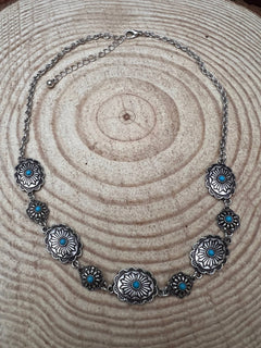 Linked Concho and Faux Turquoise Necklace - 18 inch + 3 - Cowhide and Conchos