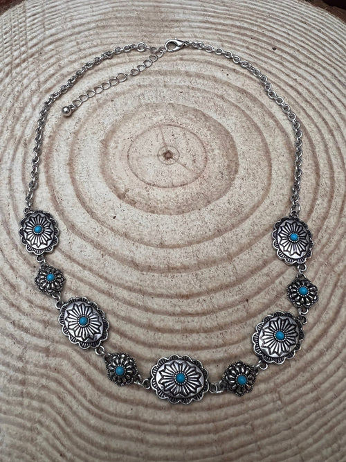 Linked Concho and Faux Turquoise Necklace - 18 inch + 3 - Cowhide and Conchos