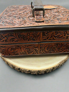 Lockable Tooled Leather Jewelry Case - Cowhide and Conchos
