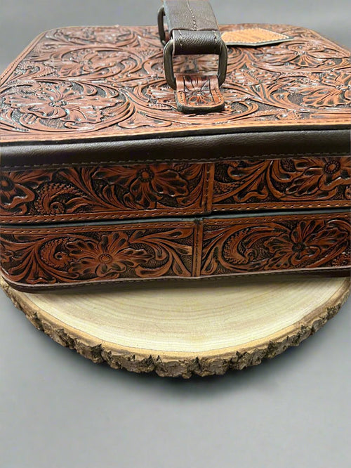Lockable Tooled Leather Jewelry Case - Cowhide and Conchos