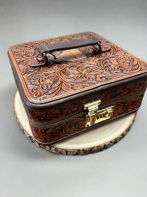 Lockable Tooled Leather Jewelry Case - Cowhide and Conchos