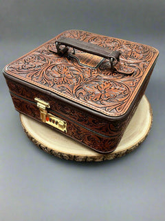 Lockable Tooled Leather Jewelry Case - Cowhide and Conchos