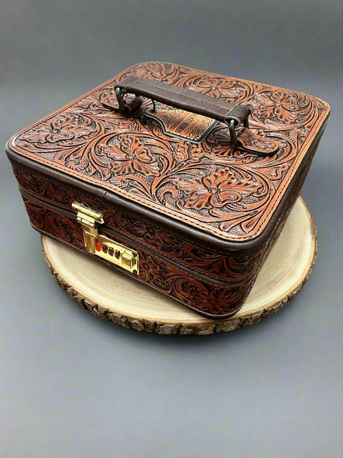 Lockable Tooled Leather Jewelry Case - Cowhide and Conchos