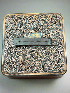 Lockable Tooled Leather Jewelry Case - Cowhide and Conchos