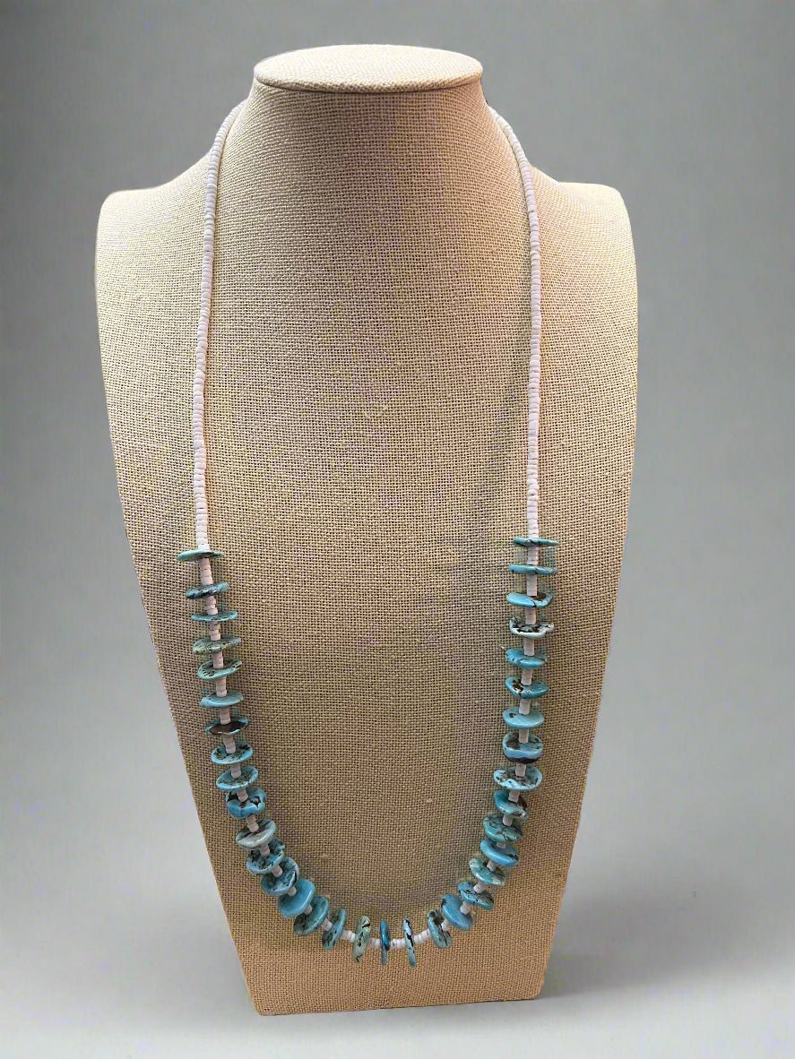 Long Blue Disk Turquoise Necklace - 26 inch - Cowhide and Conchos