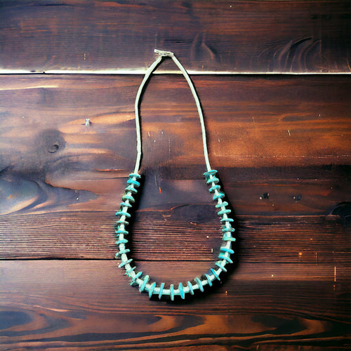 Long Blue Disk Turquoise Necklace - 26 inch - Cowhide and Conchos