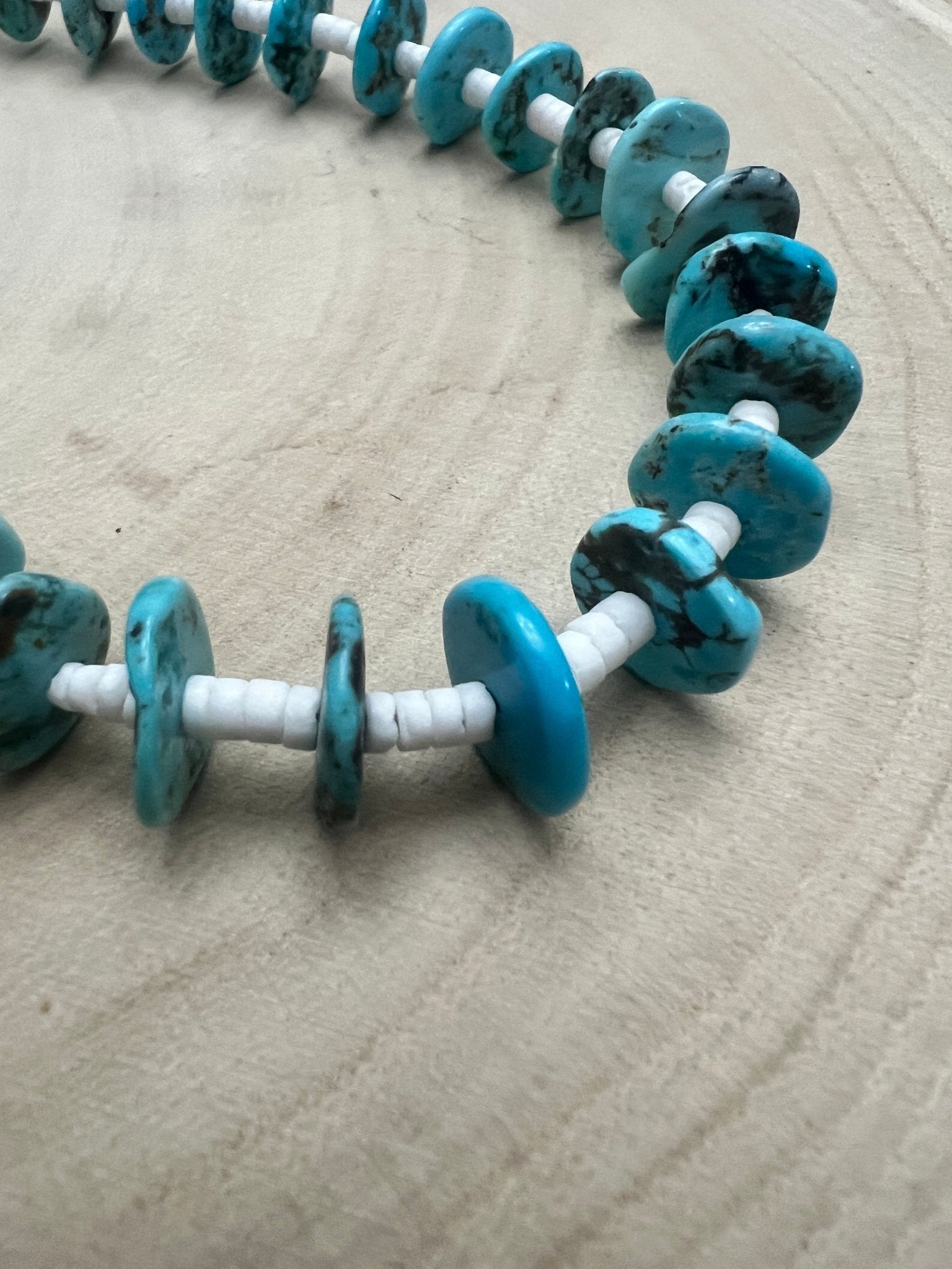 Long Blue Disk Turquoise Necklace - 26 inch - Cowhide and Conchos