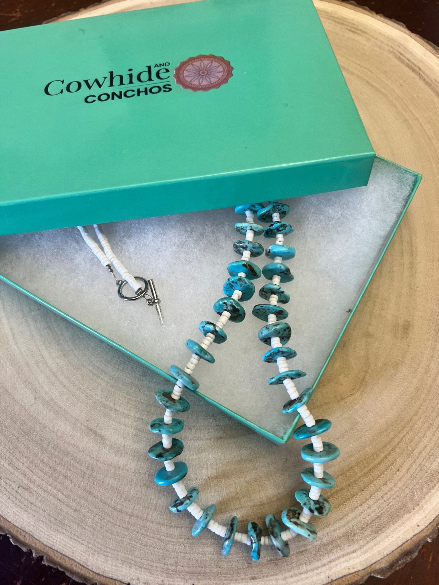 Long Blue Disk Turquoise Necklace - 26 inch - Cowhide and Conchos
