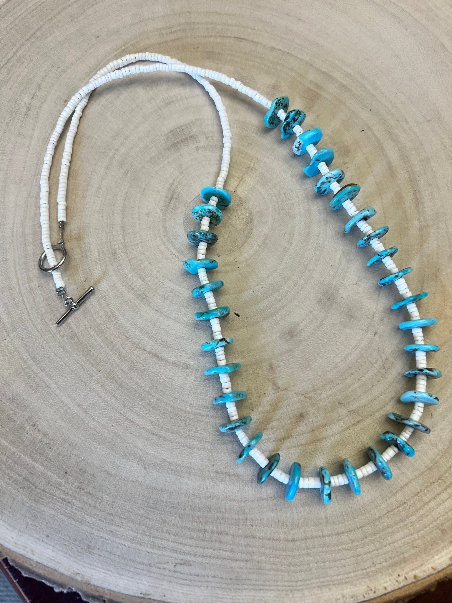 Long Blue Disk Turquoise Necklace - 26 inch - Cowhide and Conchos