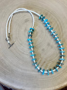 Long Blue Disk Turquoise Necklace - 26 inch - Cowhide and Conchos