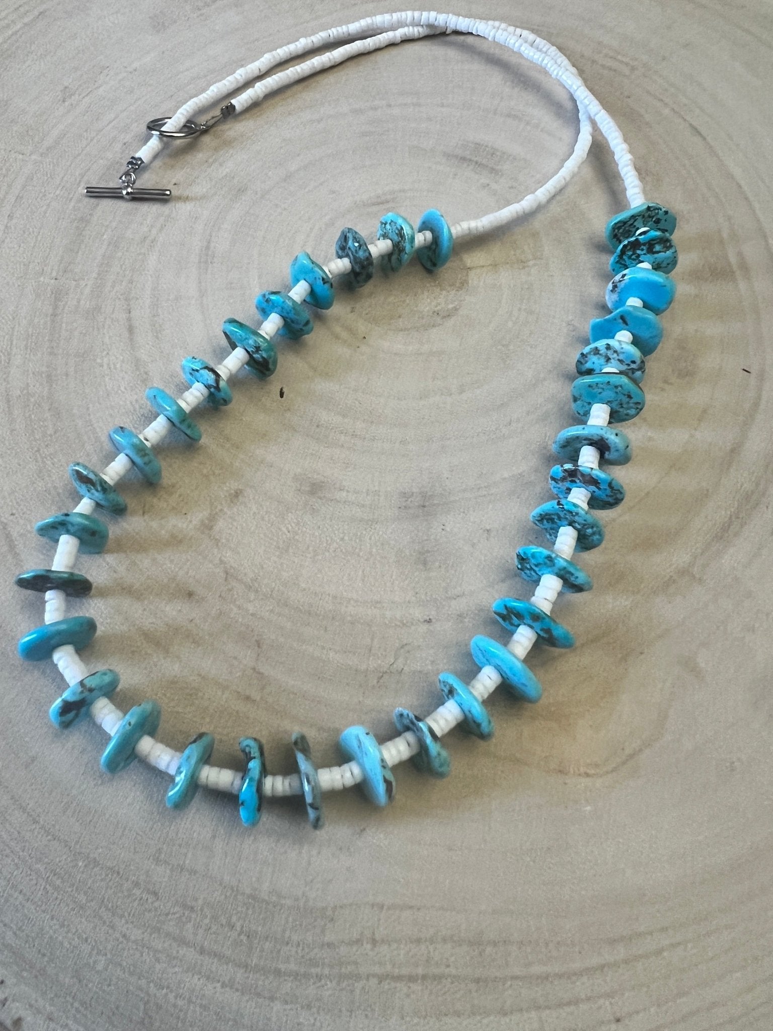 Long Blue Disk Turquoise Necklace - 26 inch - Cowhide and Conchos