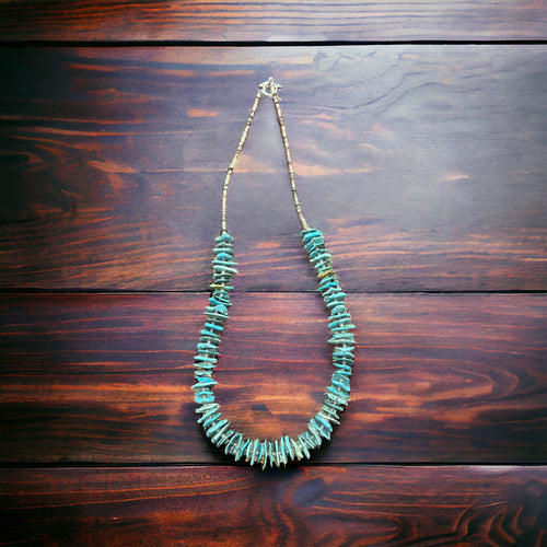 Long Blue Thick Genuine Turquoise Chips Necklace - 26 inch - Cowhide and Conchos