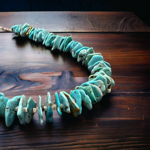Long Blue Thick Genuine Turquoise Chips Necklace - 26 inch - Cowhide and Conchos