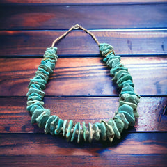 Long Blue Thick Genuine Turquoise Chips Necklace - 26 inch - Cowhide and Conchos
