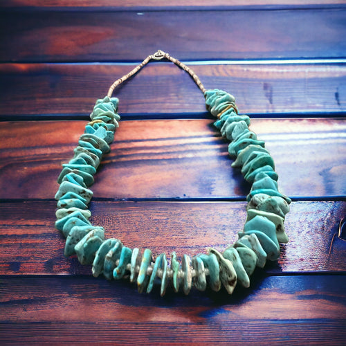 Long Blue Thick Genuine Turquoise Chips Necklace - 26 inch - Cowhide and Conchos