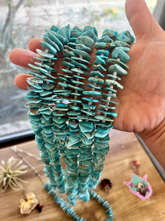 Long Blue Thick Genuine Turquoise Chips Necklace - 26 inch - Cowhide and Conchos