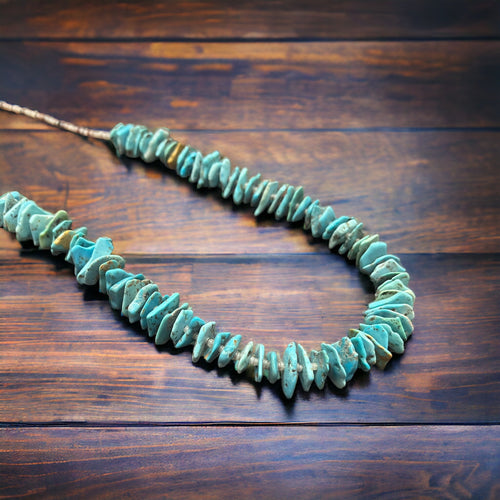 Long Blue Thick Genuine Turquoise Chips Necklace - 26 inch - Cowhide and Conchos