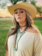 Long Faux Turquoise Nugget and Sterling Pearl Statement Necklace - 48 inch - Cowhide and Conchos