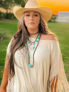 Long Faux Turquoise Nugget and Sterling Pearl Statement Necklace - 48 inch - Cowhide and Conchos