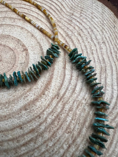 Long green chip turquoise with Orange Spiny Oyster necklace - 28 inch - Cowhide and Conchos
