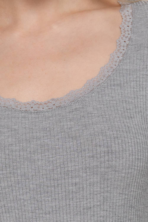 Long Sleeve Scoop Neck with Lace Trim Rib Knit Top - Cowhide and Conchos