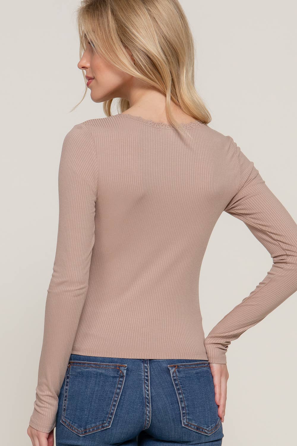 Long Sleeve Scoop Neck with Lace Trim Rib Knit Top - Cowhide and Conchos