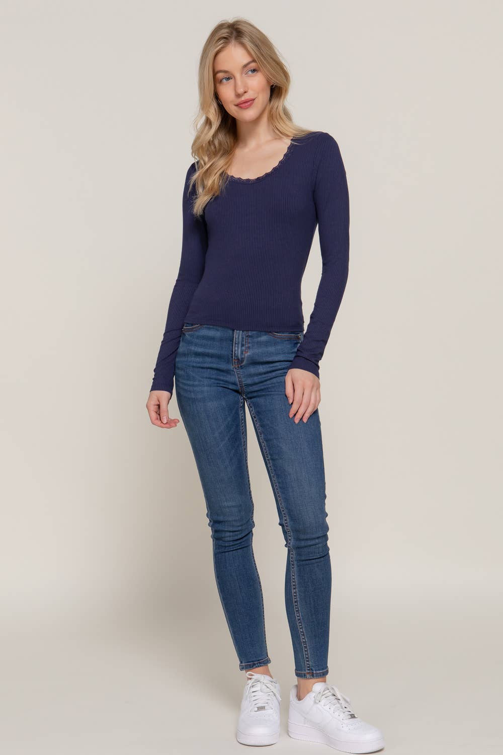 Long Sleeve Scoop Neck with Lace Trim Rib Knit Top - Cowhide and Conchos