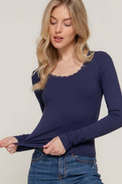 Long Sleeve Scoop Neck with Lace Trim Rib Knit Top - Cowhide and Conchos