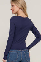 Long Sleeve Scoop Neck with Lace Trim Rib Knit Top - Cowhide and Conchos
