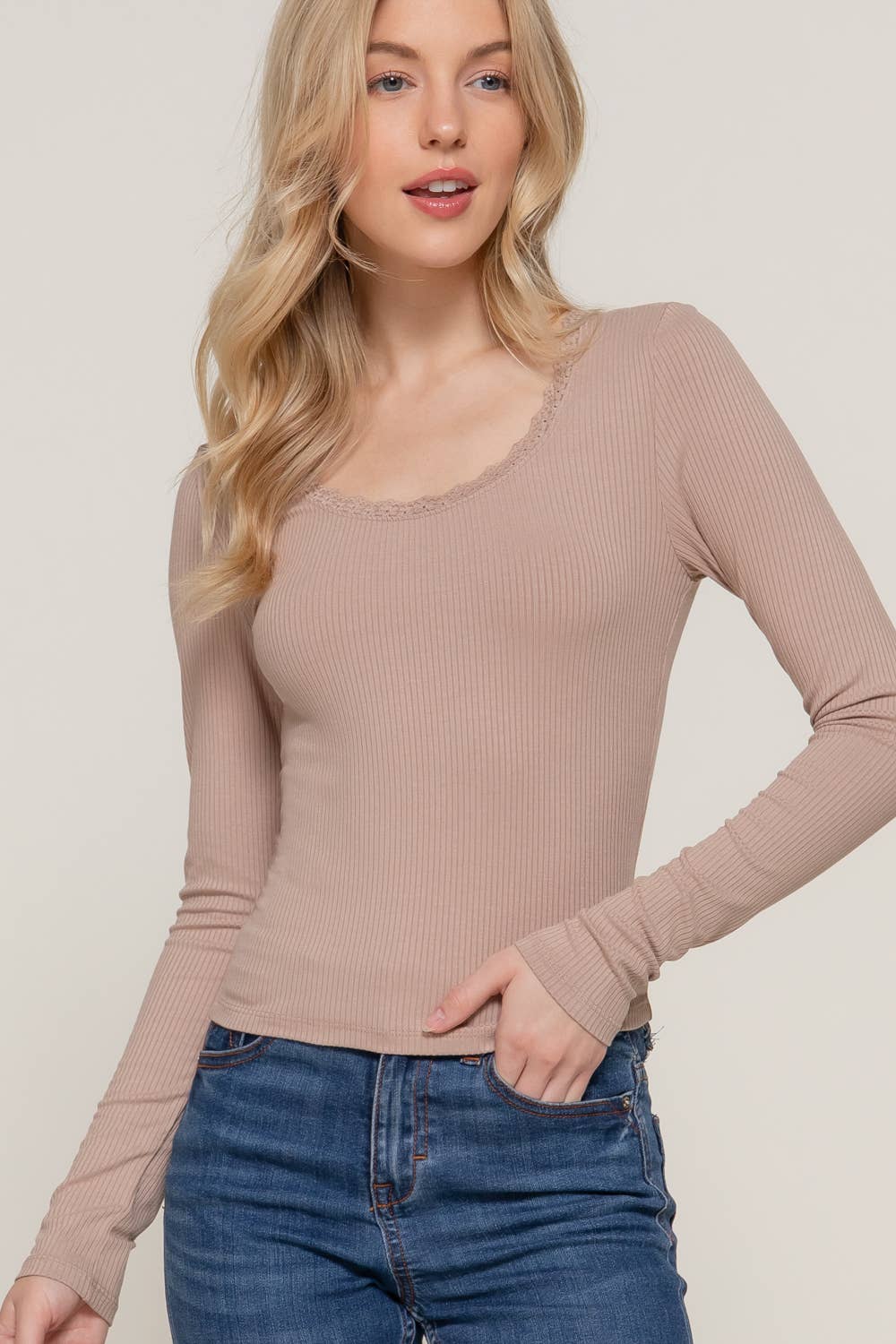 Long Sleeve Scoop Neck with Lace Trim Rib Knit Top - Cowhide and Conchos